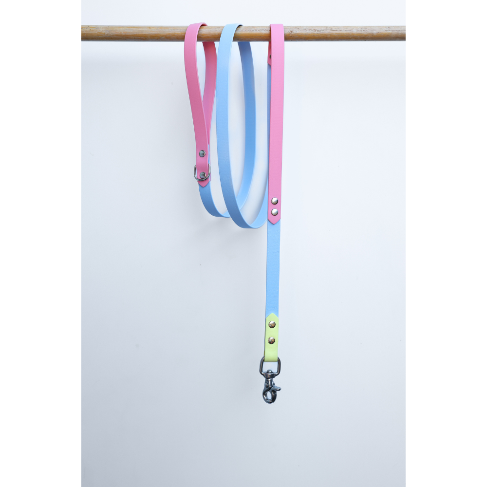 Two tone dog leash in pink and blue hanging on a wooden rod against a white background.