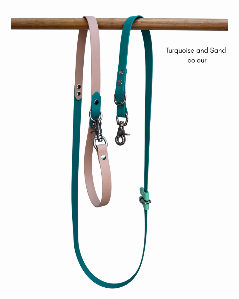 sand and turquoise biothane 5 in 1 dog leash