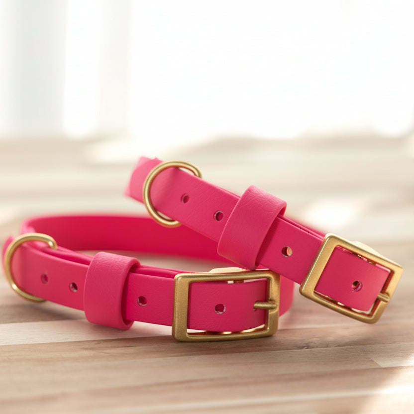 Two bright pink biothane dog collars with gold-tone metal buckles and rings, displayed on a light wooden surface with a soft, bright background.