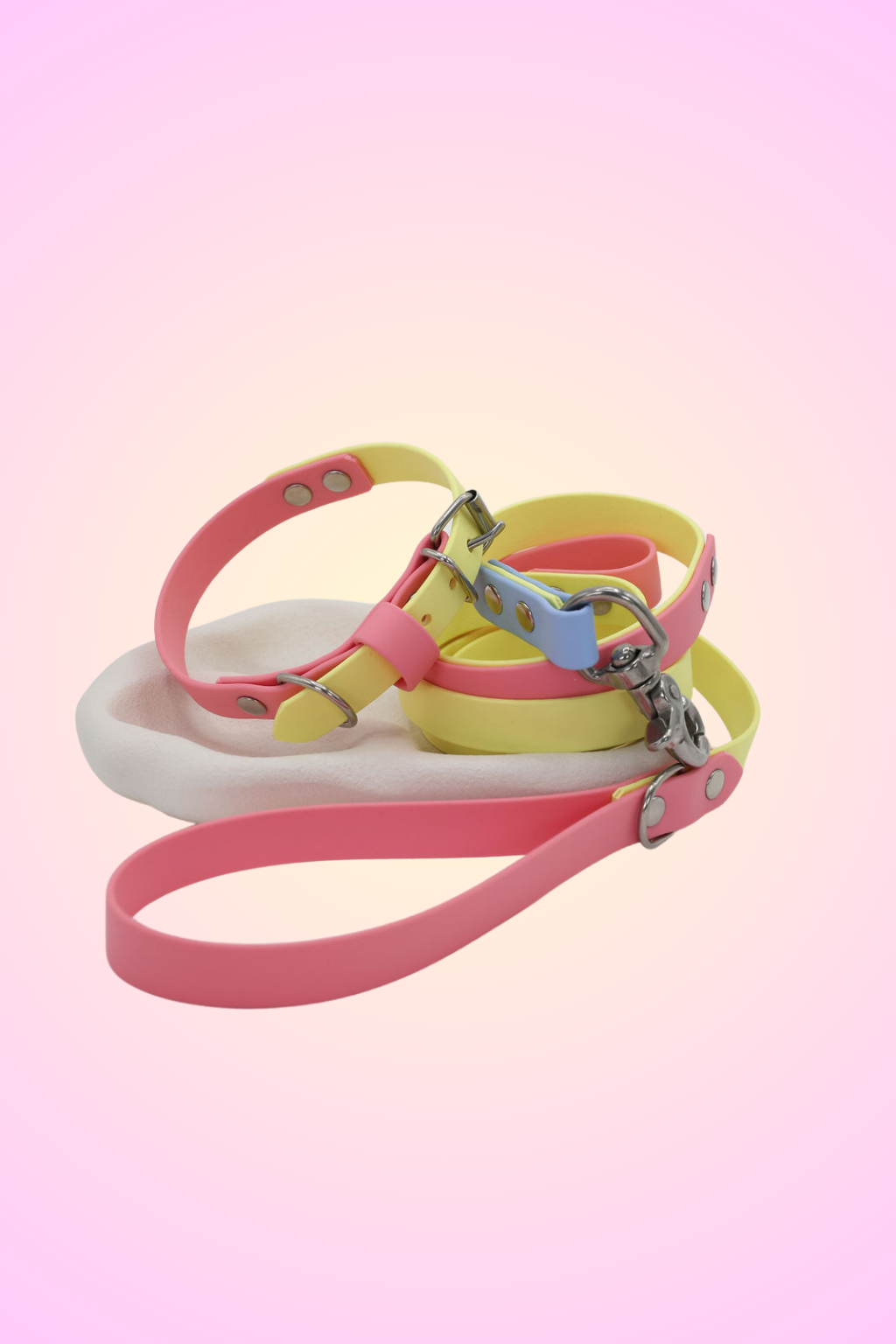 A set of dog leash and a collar with a pastel colous design, featuring pastel pink and yellow arranged neatly against a white background.