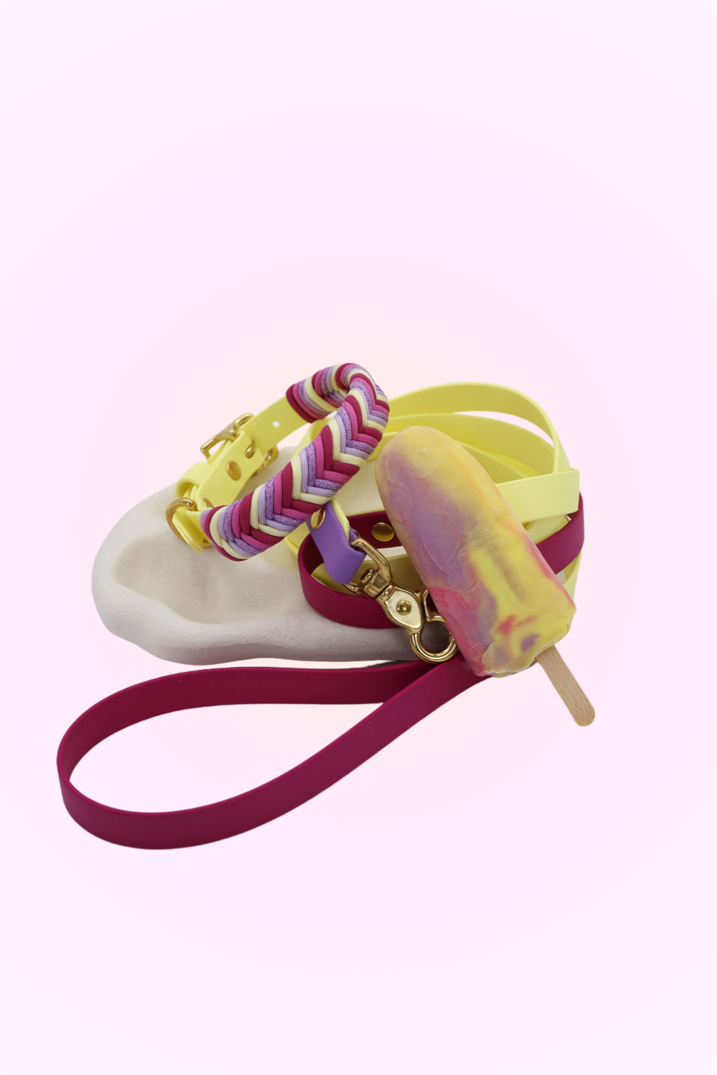 A multicolored dog collar and leash set with stainless steel hardware, designed to resemble a rainbow paddle pop.