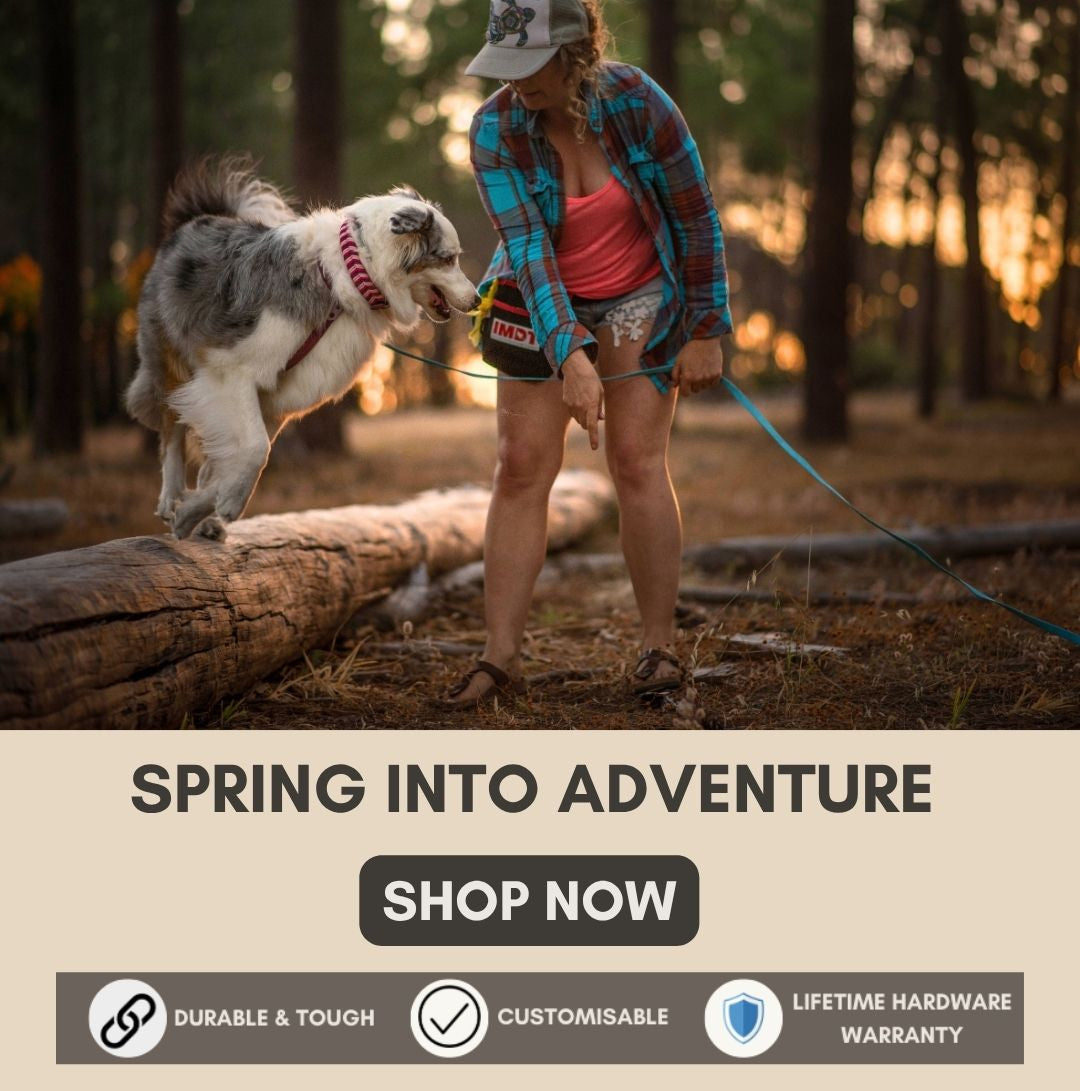 A woman and her dog are shown outdoors in a wooded setting, with the dog wearing a red collar and leash attached to the woman's bag. The lower portion of the image is a beige promotional banner with the text 'SPRING INTO ADVENTURE', 'SHOP NOW', and feature callouts including 'DURABLE & TOUGH', 'CUSTOMISABLE', and 'LIFETIME HARDWARE WARRANTY'.