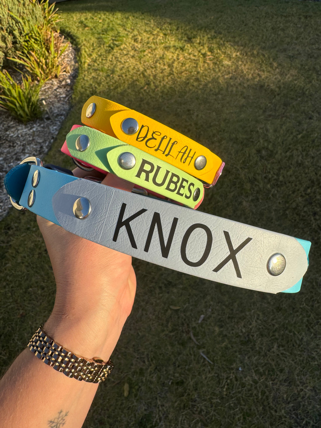 Colourful custom Biothane name badges