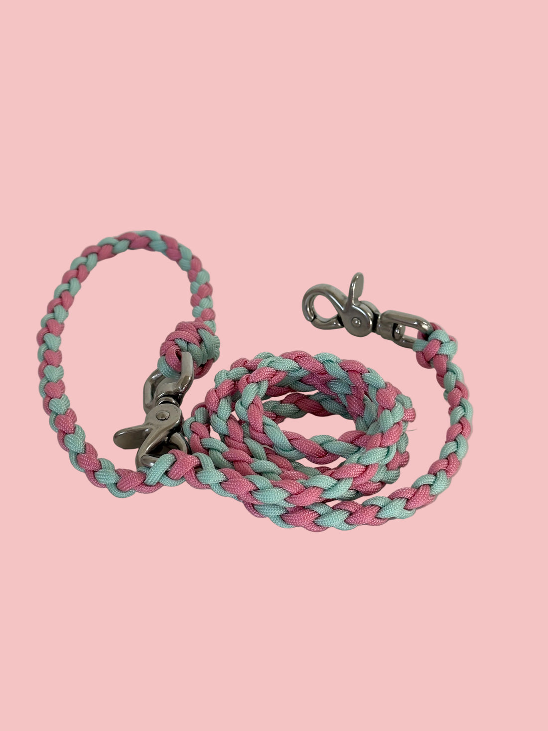Pink and blue braided leash with metal clasp on a white background