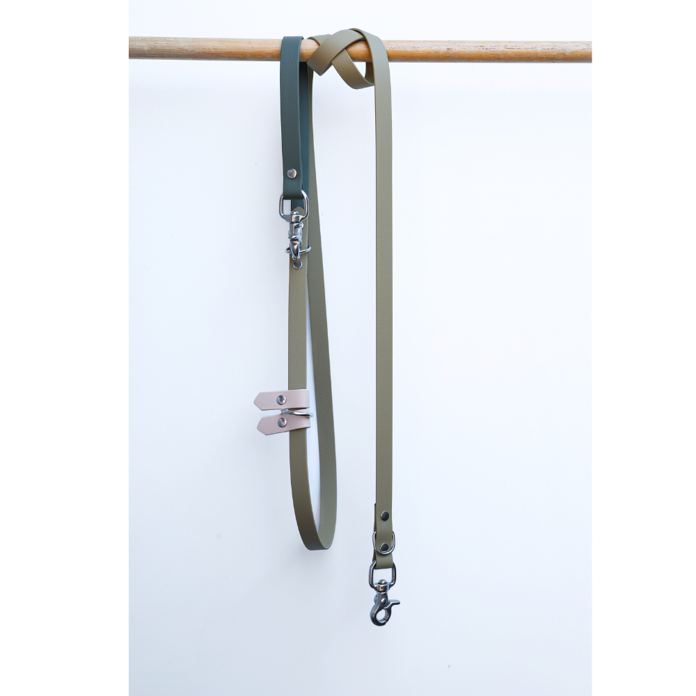 Multifunctional Matcha coloured Biothane Dog Leash on a white background