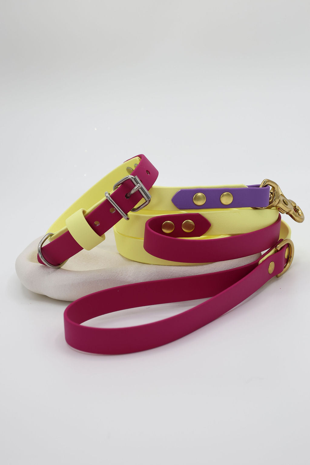 Pastel yellow and magenta colour BioThane dog collar and lead