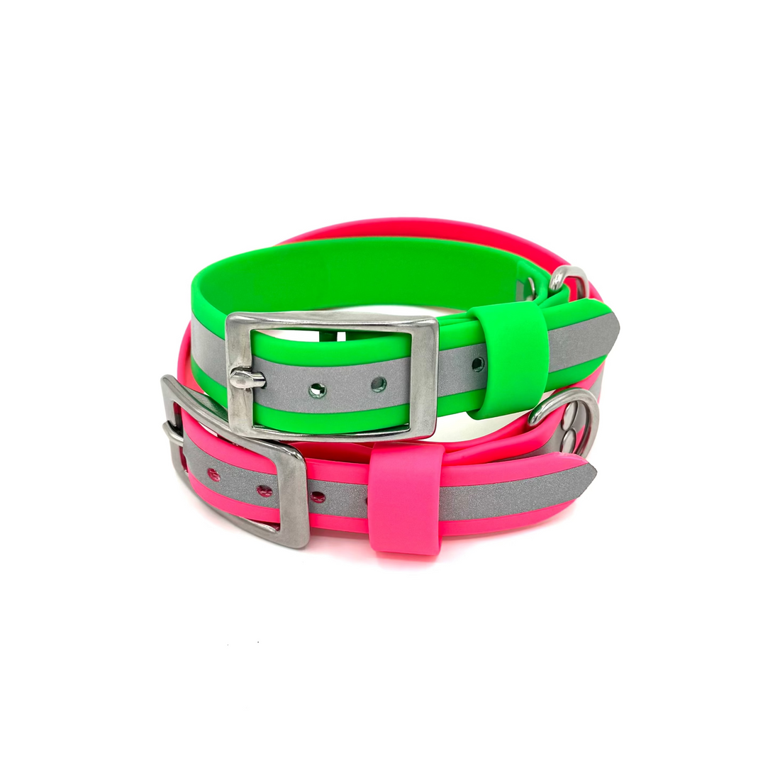 Reflective pink and green Biothane dog collar
