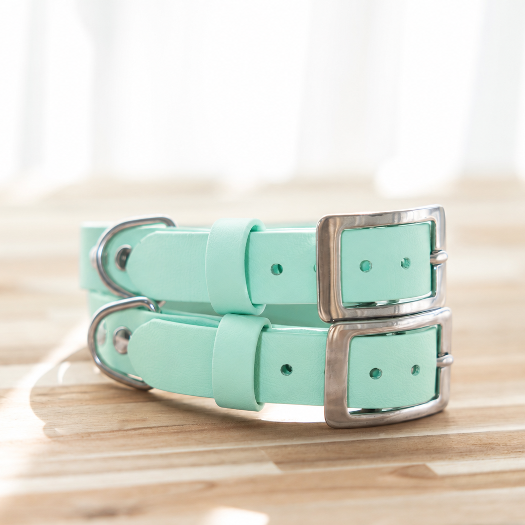 Two mint green biothane dog collars with stainless steel metal buckles, stacked on a light wooden surface with a bright, blurred background.