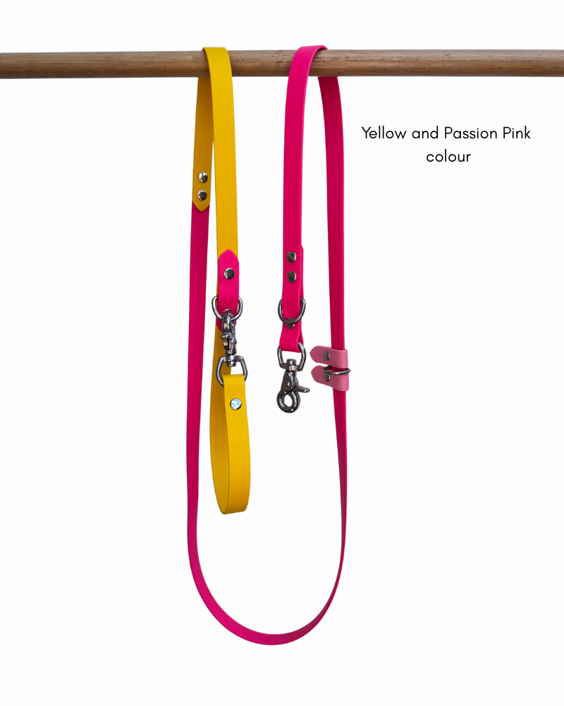 yellow and passion pink Biothane 5 in 1 dog leash